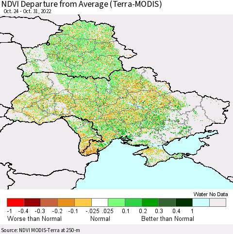 Ukraine, Moldova and Belarus NDVI Departure from Average (Terra-MODIS) Thematic Map For 10/21/2022 - 10/31/2022