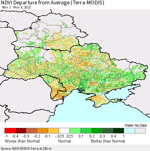 Ukraine, Moldova and Belarus NDVI Departure from Average (Terra-MODIS) Thematic Map For 11/1/2022 - 11/8/2022
