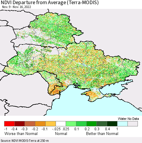 Ukraine, Moldova and Belarus NDVI Departure from Average (Terra-MODIS) Thematic Map For 11/9/2022 - 11/16/2022