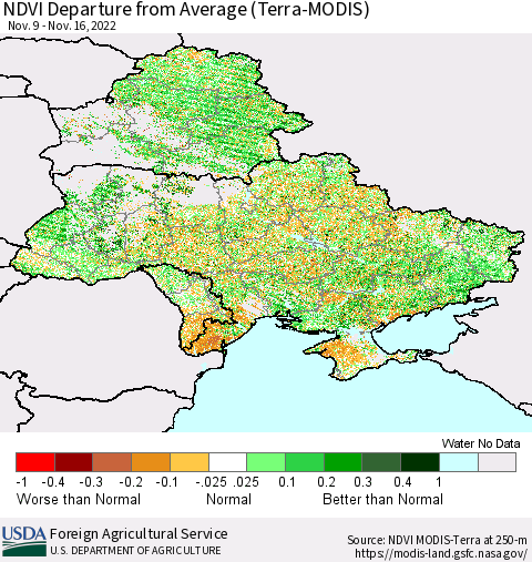 Ukraine, Moldova and Belarus NDVI Departure from Average (Terra-MODIS) Thematic Map For 11/11/2022 - 11/20/2022