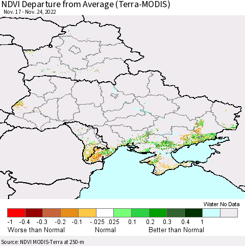 Ukraine, Moldova and Belarus NDVI Departure from Average (Terra-MODIS) Thematic Map For 11/17/2022 - 11/24/2022