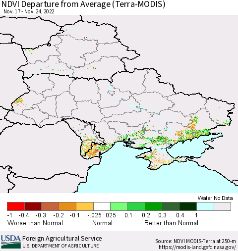 Ukraine, Moldova and Belarus NDVI Departure from Average (Terra-MODIS) Thematic Map For 11/21/2022 - 11/30/2022