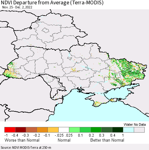 Ukraine, Moldova and Belarus NDVI Departure from Average (Terra-MODIS) Thematic Map For 11/25/2022 - 12/2/2022