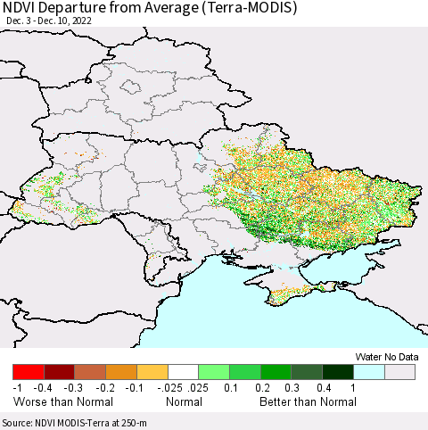 Ukraine, Moldova and Belarus NDVI Departure from Average (Terra-MODIS) Thematic Map For 12/3/2022 - 12/10/2022