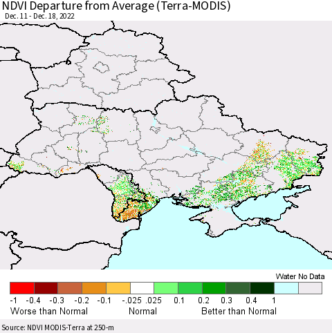 Ukraine, Moldova and Belarus NDVI Departure from Average (Terra-MODIS) Thematic Map For 12/11/2022 - 12/18/2022