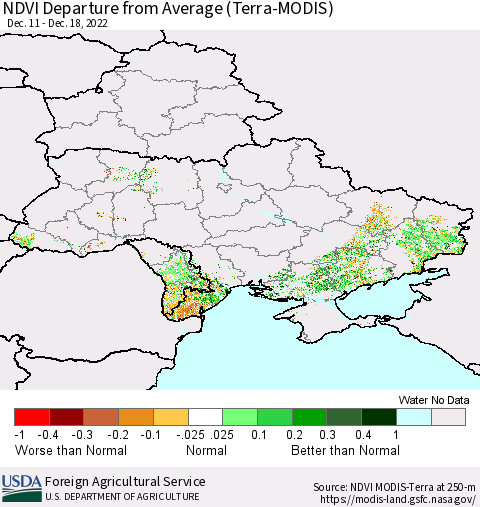 Ukraine, Moldova and Belarus NDVI Departure from Average (Terra-MODIS) Thematic Map For 12/11/2022 - 12/20/2022