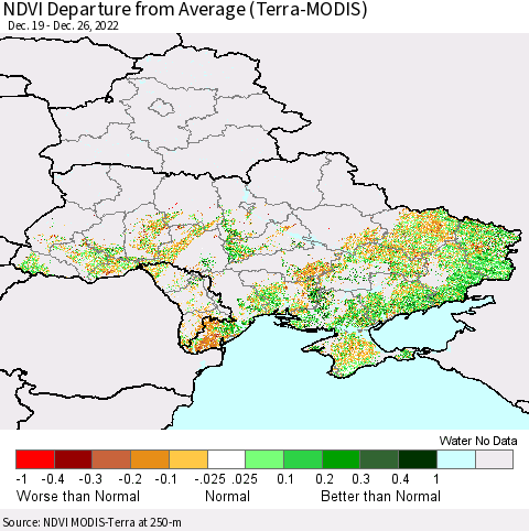 Ukraine, Moldova and Belarus NDVI Departure from Average (Terra-MODIS) Thematic Map For 12/19/2022 - 12/26/2022