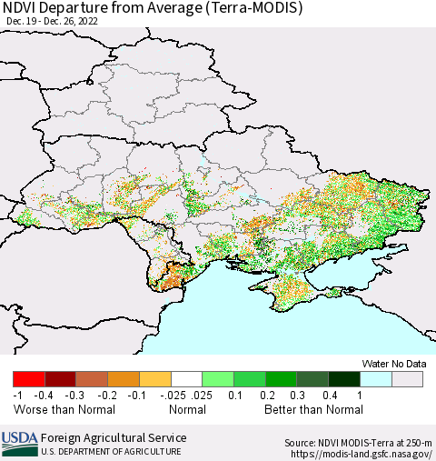 Ukraine, Moldova and Belarus NDVI Departure from Average (Terra-MODIS) Thematic Map For 12/21/2022 - 12/31/2022