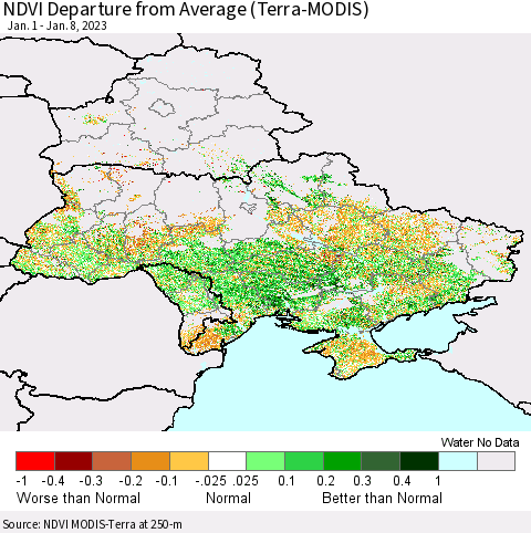 Ukraine, Moldova and Belarus NDVI Departure from Average (Terra-MODIS) Thematic Map For 1/1/2023 - 1/8/2023
