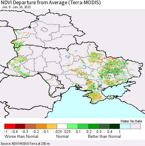 Ukraine, Moldova and Belarus NDVI Departure from Average (Terra-MODIS) Thematic Map For 1/9/2023 - 1/16/2023