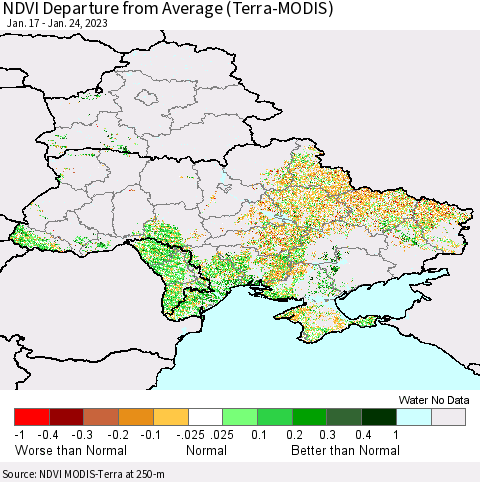 Ukraine, Moldova and Belarus NDVI Departure from Average (Terra-MODIS) Thematic Map For 1/17/2023 - 1/24/2023