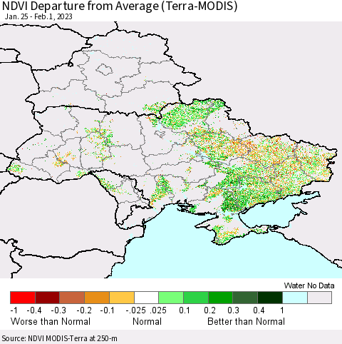 Ukraine, Moldova and Belarus NDVI Departure from Average (Terra-MODIS) Thematic Map For 1/25/2023 - 2/1/2023