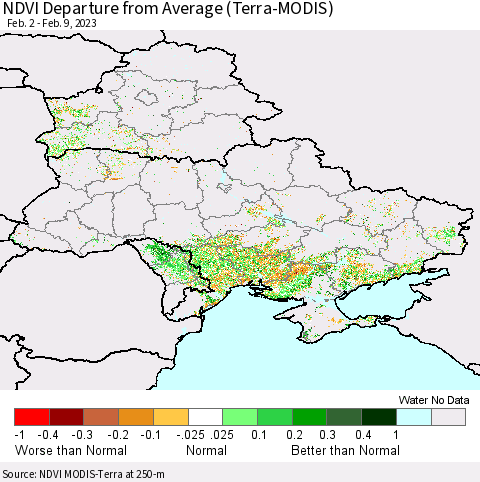 Ukraine, Moldova and Belarus NDVI Departure from Average (Terra-MODIS) Thematic Map For 2/2/2023 - 2/9/2023