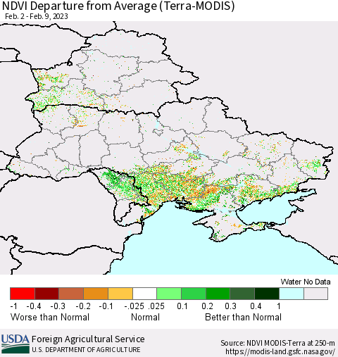 Ukraine, Moldova and Belarus NDVI Departure from Average (Terra-MODIS) Thematic Map For 2/1/2023 - 2/10/2023