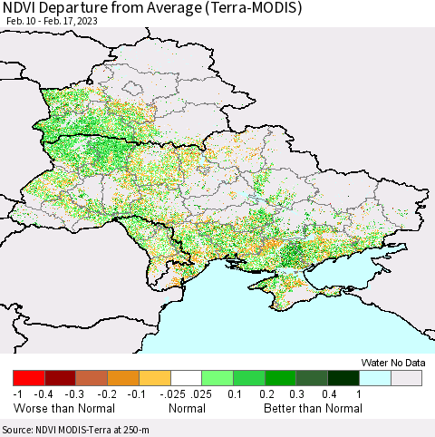 Ukraine, Moldova and Belarus NDVI Departure from Average (Terra-MODIS) Thematic Map For 2/10/2023 - 2/17/2023