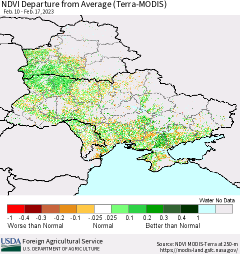 Ukraine, Moldova and Belarus NDVI Departure from Average (Terra-MODIS) Thematic Map For 2/11/2023 - 2/20/2023