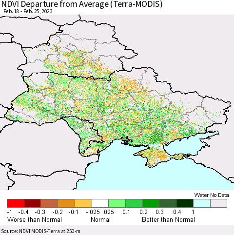 Ukraine, Moldova and Belarus NDVI Departure from Average (Terra-MODIS) Thematic Map For 2/18/2023 - 2/25/2023