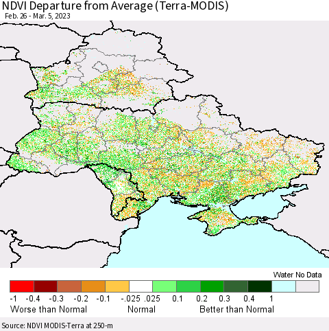 Ukraine, Moldova and Belarus NDVI Departure from Average (Terra-MODIS) Thematic Map For 2/26/2023 - 3/5/2023