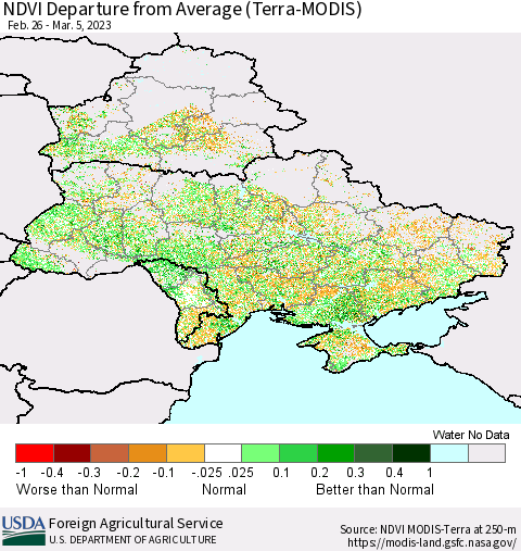 Ukraine, Moldova and Belarus NDVI Departure from Average (Terra-MODIS) Thematic Map For 3/1/2023 - 3/10/2023