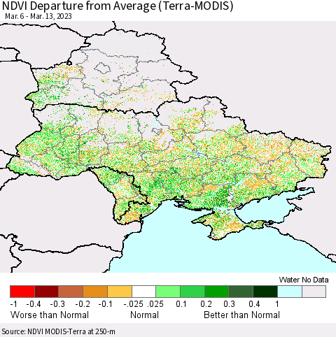 Ukraine, Moldova and Belarus NDVI Departure from Average (Terra-MODIS) Thematic Map For 3/6/2023 - 3/13/2023