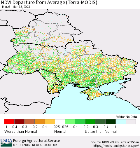 Ukraine, Moldova and Belarus NDVI Departure from Average (Terra-MODIS) Thematic Map For 3/11/2023 - 3/20/2023