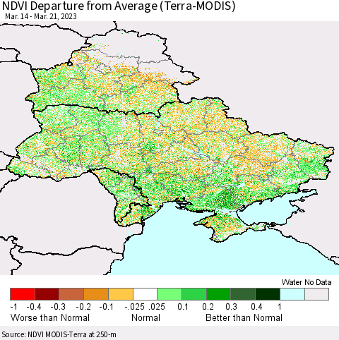 Ukraine, Moldova and Belarus NDVI Departure from Average (Terra-MODIS) Thematic Map For 3/14/2023 - 3/21/2023