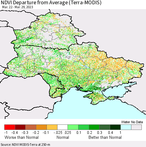 Ukraine, Moldova and Belarus NDVI Departure from Average (Terra-MODIS) Thematic Map For 3/22/2023 - 3/29/2023