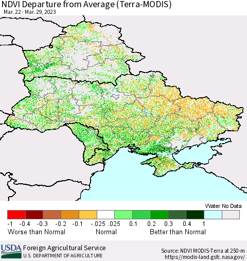Ukraine, Moldova and Belarus NDVI Departure from Average (Terra-MODIS) Thematic Map For 3/21/2023 - 3/31/2023