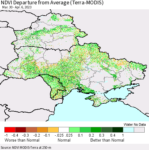 Ukraine, Moldova and Belarus NDVI Departure from Average (Terra-MODIS) Thematic Map For 3/30/2023 - 4/6/2023