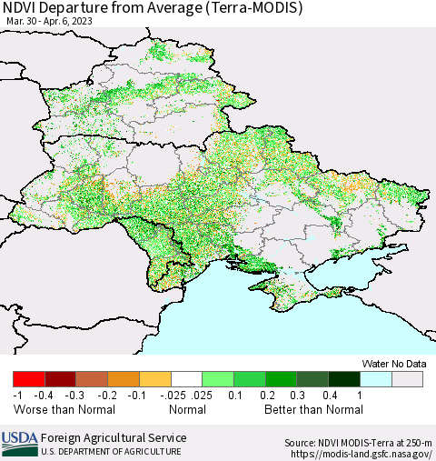 Ukraine, Moldova and Belarus NDVI Departure from Average (Terra-MODIS) Thematic Map For 4/1/2023 - 4/10/2023