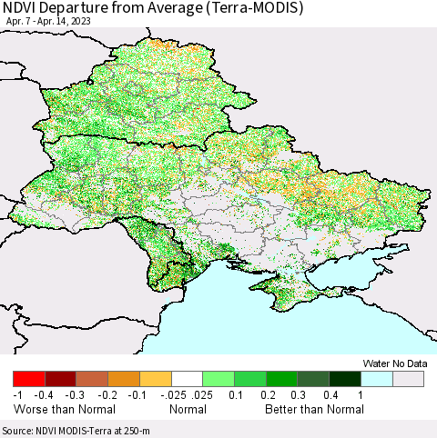 Ukraine, Moldova and Belarus NDVI Departure from Average (Terra-MODIS) Thematic Map For 4/7/2023 - 4/14/2023