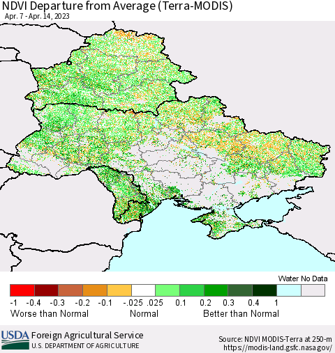 Ukraine, Moldova and Belarus NDVI Departure from Average (Terra-MODIS) Thematic Map For 4/11/2023 - 4/20/2023