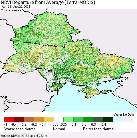 Ukraine, Moldova and Belarus NDVI Departure from Average (Terra-MODIS) Thematic Map For 4/15/2023 - 4/22/2023
