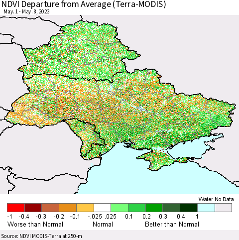 Ukraine, Moldova and Belarus NDVI Departure from Average (Terra-MODIS) Thematic Map For 5/1/2023 - 5/8/2023