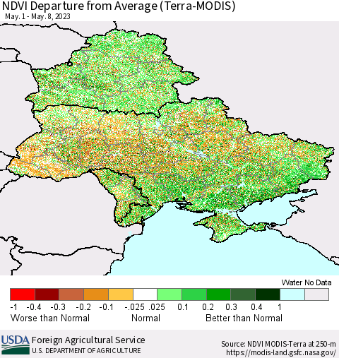 Ukraine, Moldova and Belarus NDVI Departure from Average (Terra-MODIS) Thematic Map For 5/1/2023 - 5/10/2023