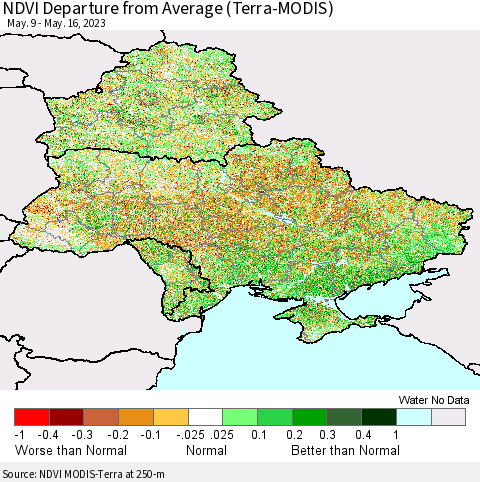 Ukraine, Moldova and Belarus NDVI Departure from Average (Terra-MODIS) Thematic Map For 5/9/2023 - 5/16/2023