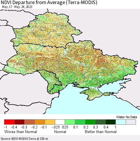Ukraine, Moldova and Belarus NDVI Departure from Average (Terra-MODIS) Thematic Map For 5/17/2023 - 5/24/2023