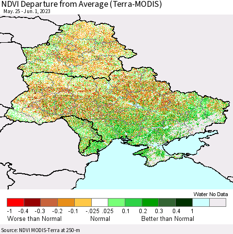 Ukraine, Moldova and Belarus NDVI Departure from Average (Terra-MODIS) Thematic Map For 5/25/2023 - 6/1/2023