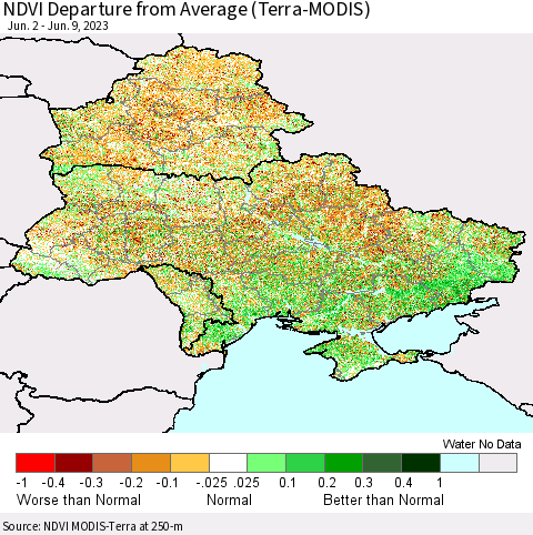 Ukraine, Moldova and Belarus NDVI Departure from Average (Terra-MODIS) Thematic Map For 6/2/2023 - 6/9/2023