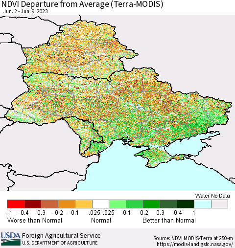 Ukraine, Moldova and Belarus NDVI Departure from Average (Terra-MODIS) Thematic Map For 6/1/2023 - 6/10/2023