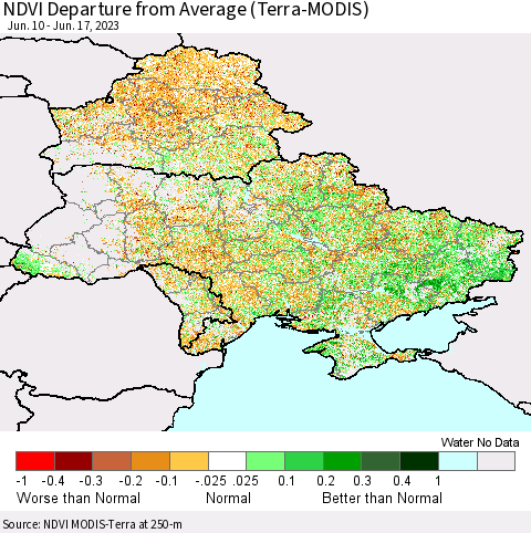 Ukraine, Moldova and Belarus NDVI Departure from Average (Terra-MODIS) Thematic Map For 6/10/2023 - 6/17/2023