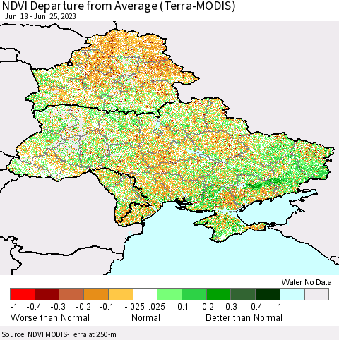 Ukraine, Moldova and Belarus NDVI Departure from Average (Terra-MODIS) Thematic Map For 6/18/2023 - 6/25/2023