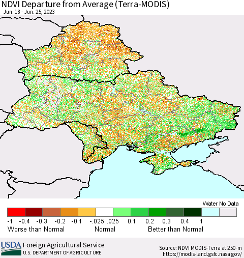 Ukraine, Moldova and Belarus NDVI Departure from Average (Terra-MODIS) Thematic Map For 6/21/2023 - 6/30/2023