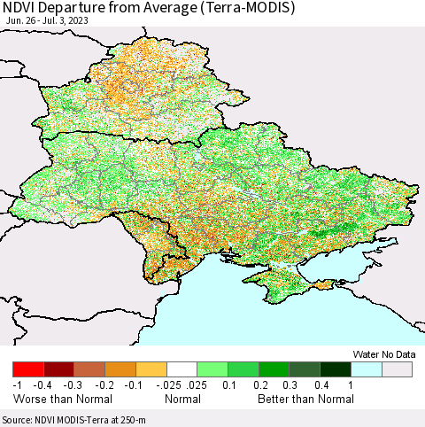 Ukraine, Moldova and Belarus NDVI Departure from Average (Terra-MODIS) Thematic Map For 6/26/2023 - 7/3/2023