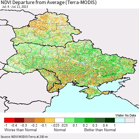 Ukraine, Moldova and Belarus NDVI Departure from Average (Terra-MODIS) Thematic Map For 7/4/2023 - 7/11/2023
