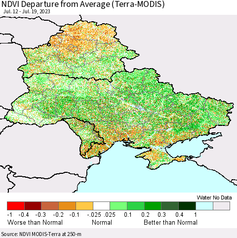 Ukraine, Moldova and Belarus NDVI Departure from Average (Terra-MODIS) Thematic Map For 7/12/2023 - 7/19/2023