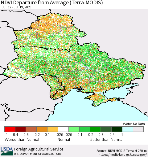 Ukraine, Moldova and Belarus NDVI Departure from Average (Terra-MODIS) Thematic Map For 7/11/2023 - 7/20/2023