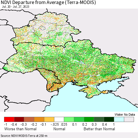 Ukraine, Moldova and Belarus NDVI Departure from Average (Terra-MODIS) Thematic Map For 7/20/2023 - 7/27/2023