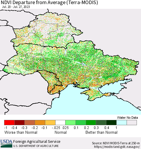 Ukraine, Moldova and Belarus NDVI Departure from Average (Terra-MODIS) Thematic Map For 7/21/2023 - 7/31/2023