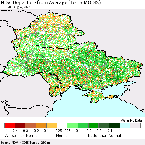 Ukraine, Moldova and Belarus NDVI Departure from Average (Terra-MODIS) Thematic Map For 7/28/2023 - 8/4/2023